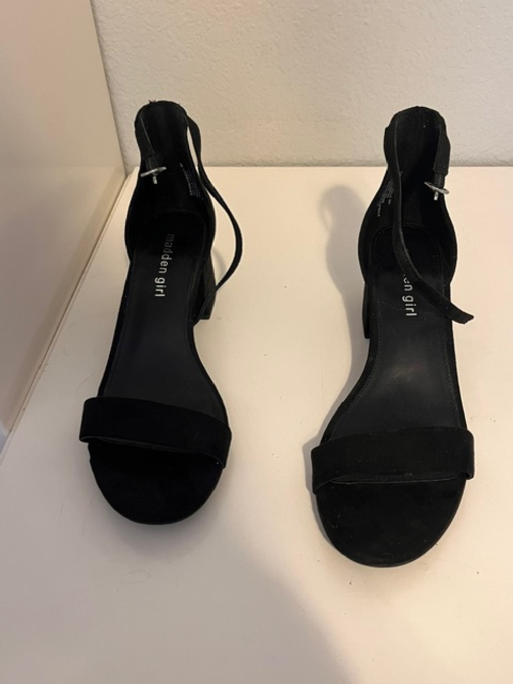 Madden Girl Black Suede Ankle-Strap Block Heels